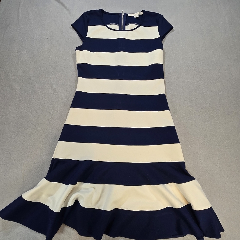 Boston Proper Sheath Dress Womens 4 Navy Cream Striped Flounce Hem Cap Sleeve - Picture 2 of 7